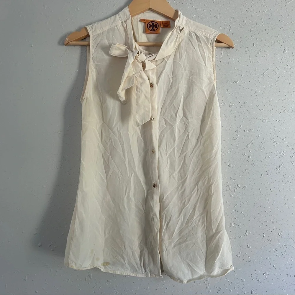 Tory Burch Cream Sleeveless Blouse with Bow 100% Silk Neutral Classic Preppy 14